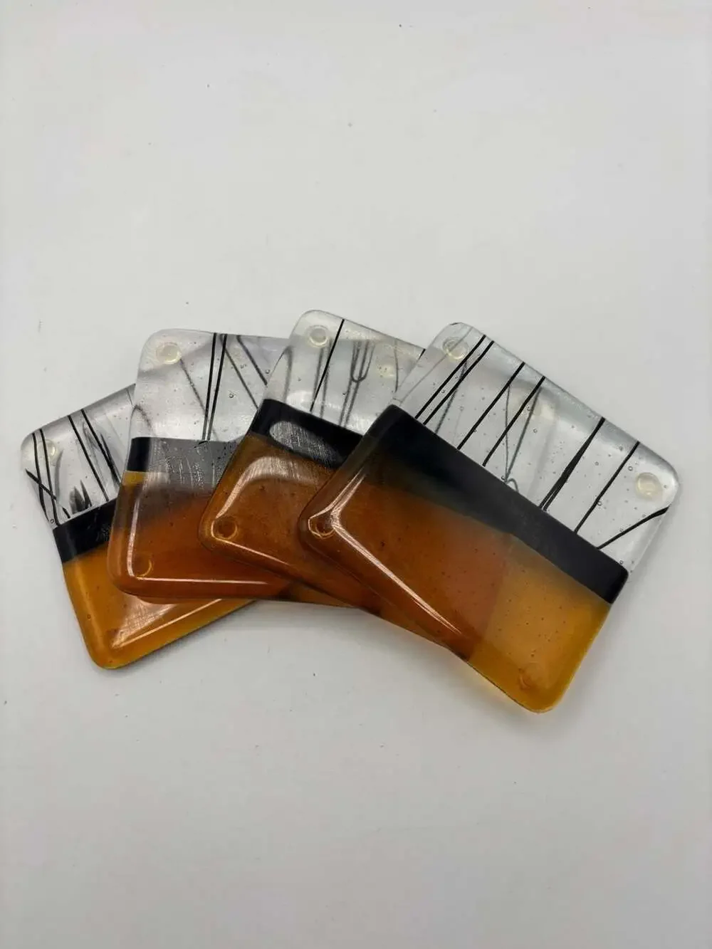 Set of 4 Handcrafted Fused Art Glass Coasters with Birch Tree Motif in Amber and